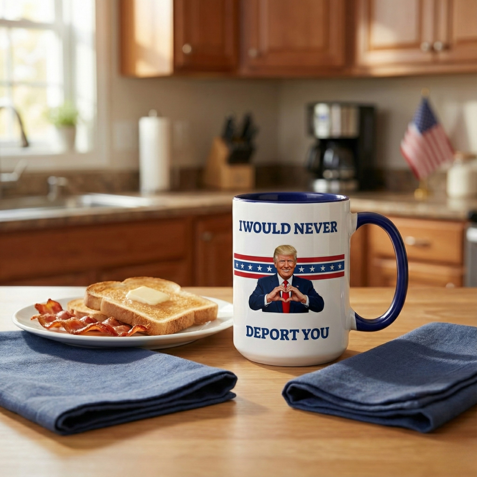 Printify sarcastic Trump mug with "I Would Never Deport You" political meme design, featuring humorous text on a ceramic mug.