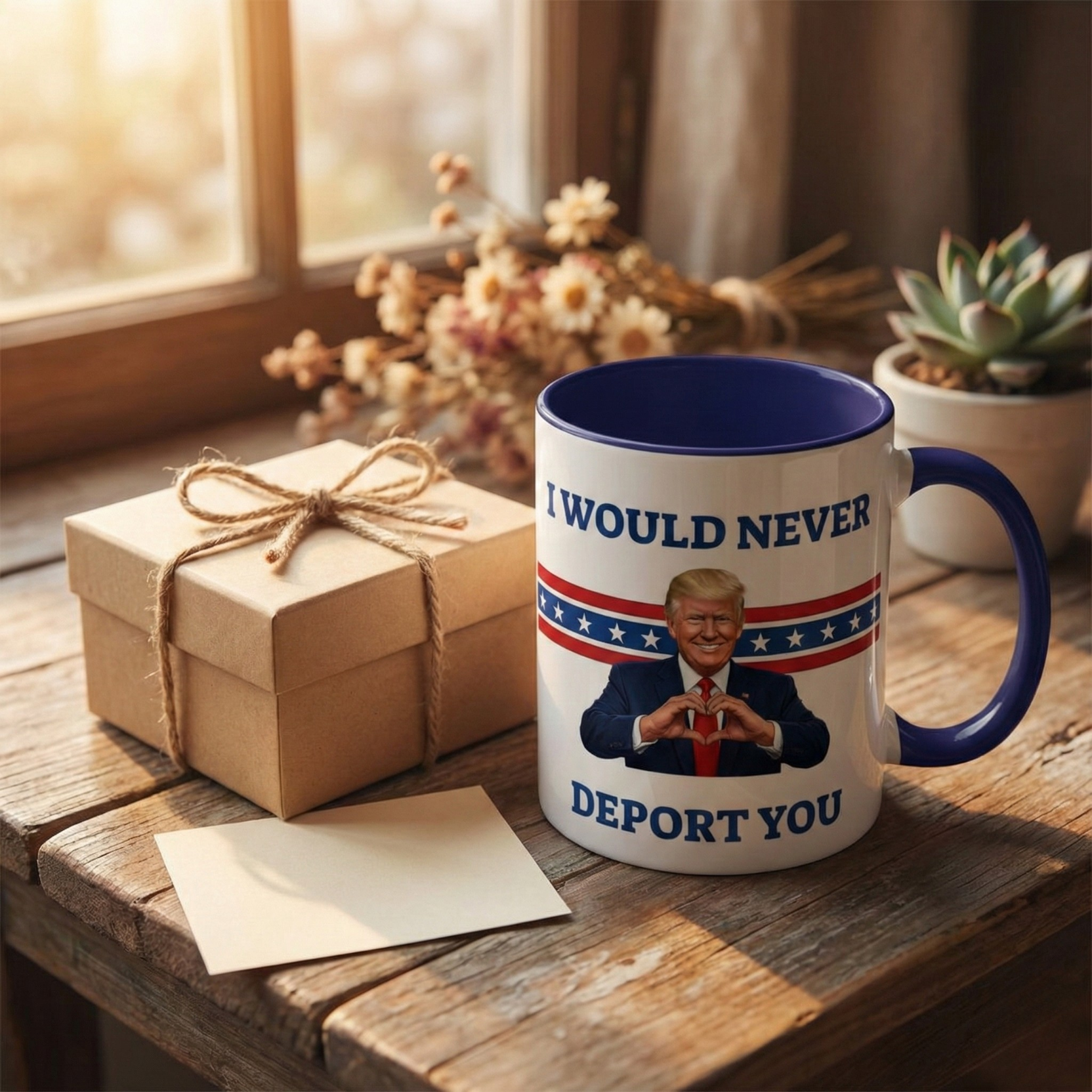 Printify sarcastic Trump mug with humorous "I Would Never Deport You" slogan, featuring a political meme design on a ceramic mug.