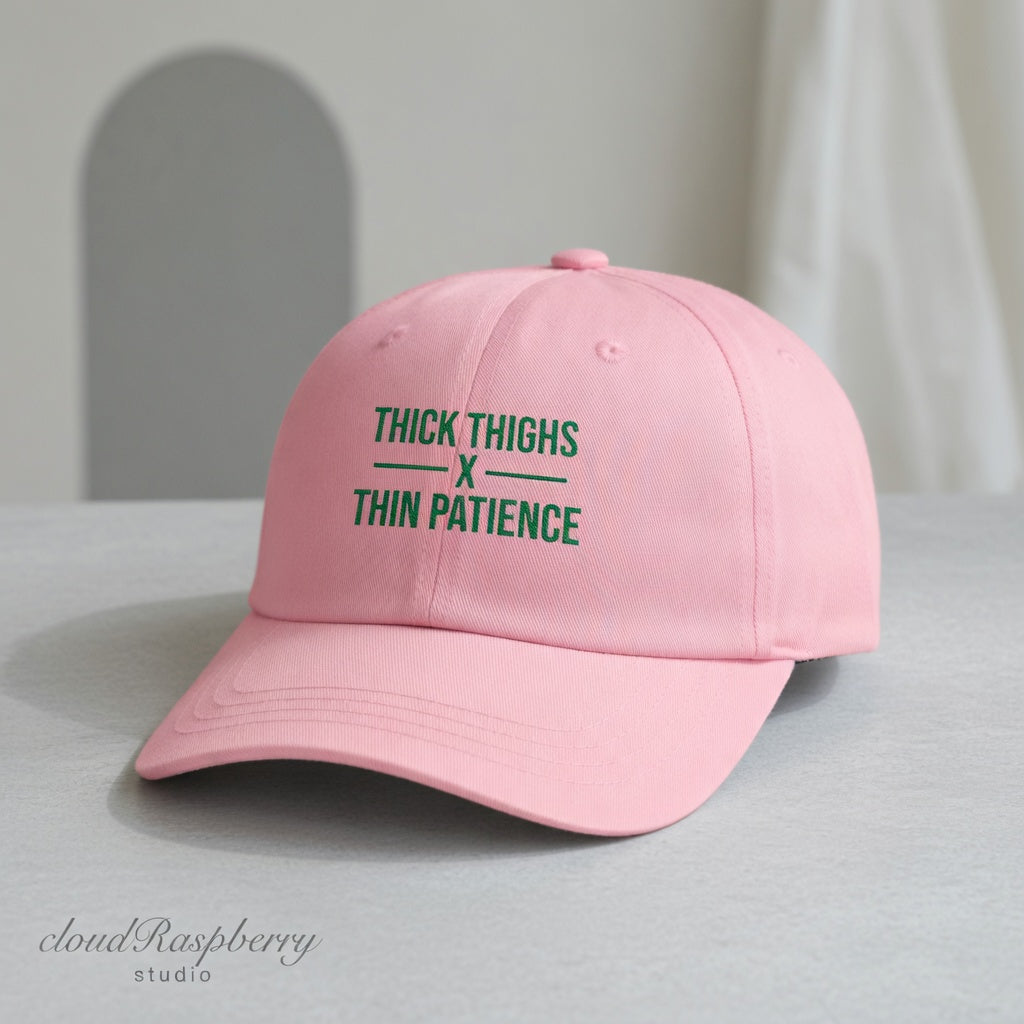 Cotton adjustable dad cap with embroidered "Thick Thighs x Thin Patience" design, in a casual hat style, by Printify.