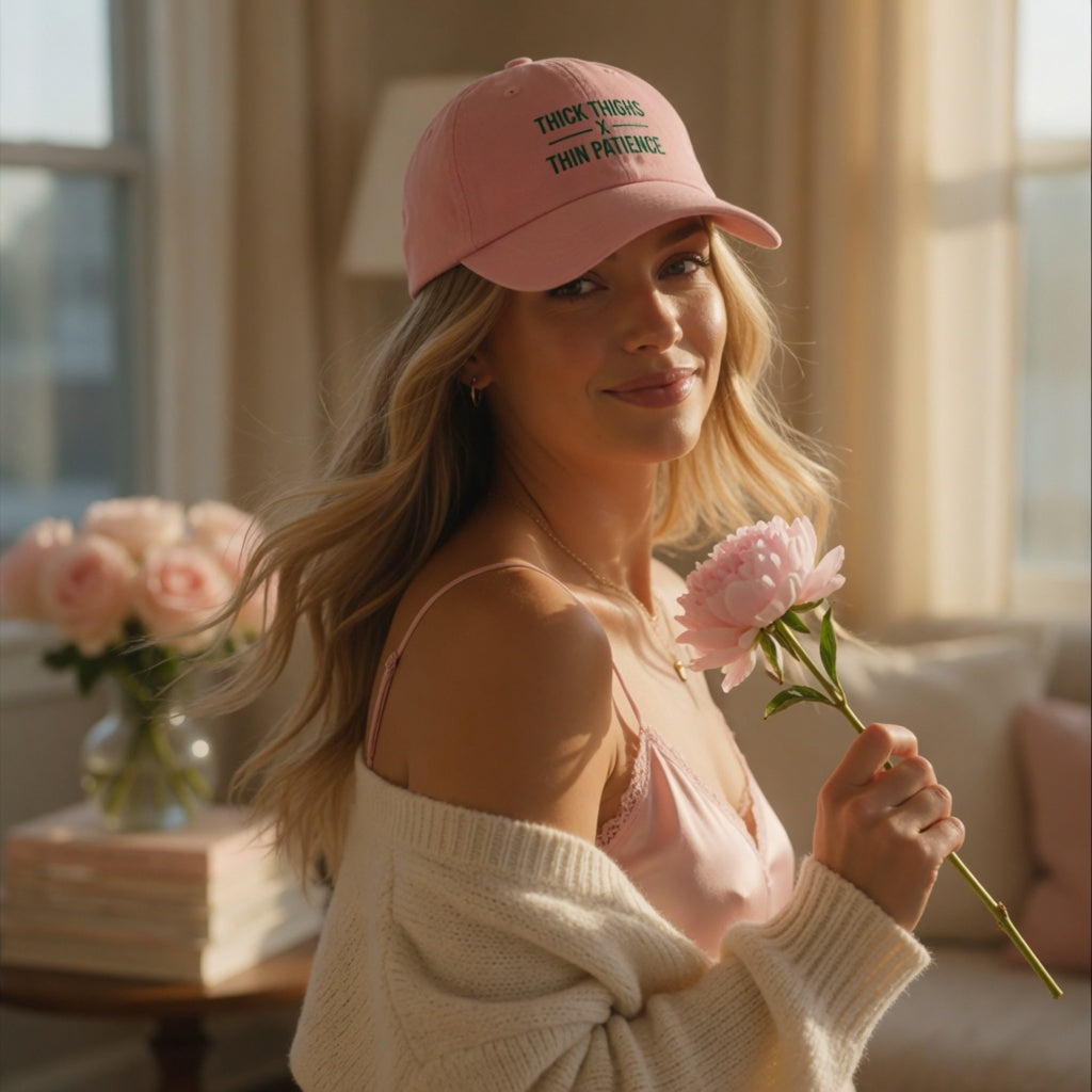 Cotton adjustable dad cap with embroidered "Thick Thighs x Thin Patience" design, stylish hat from Printify.