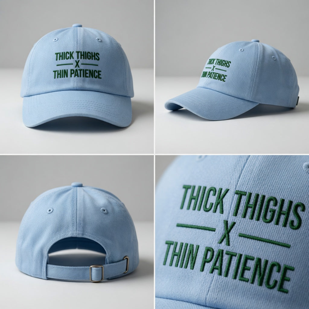 Cotton adjustable dad cap with embroidered "Thick Thighs x Thin Patience" slogan, featuring a classic hat style and branded details.