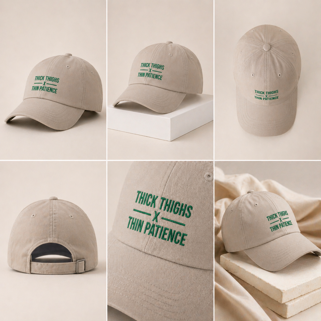 Cotton adjustable dad cap with embroidered "Thick Thighs x Thin Patience" design, in a stylish hat from Printify