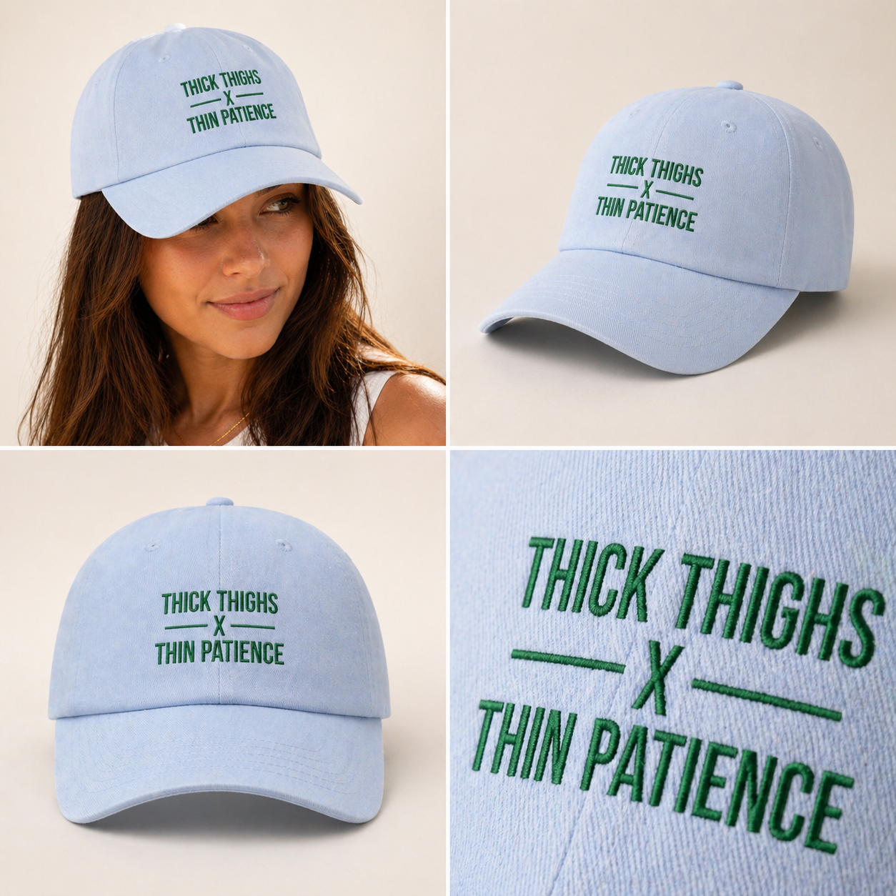 Cotton adjustable dad cap with embroidered "Thick Thighs x Thin Patience" print, stylish hats by Printify