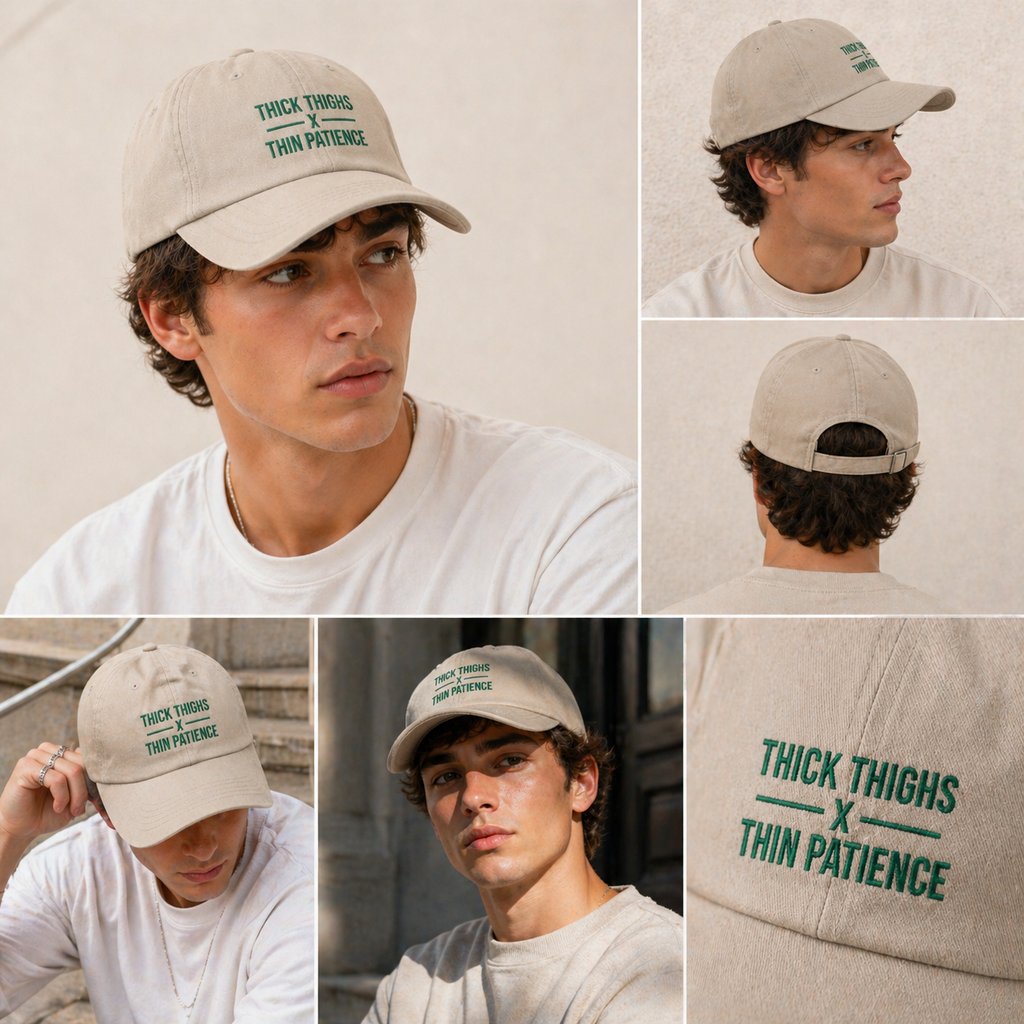 Cotton adjustable dad cap with embroidered "Thick Thighs x Thin Patience" slogan in black and white, stylish and comfortable hat.