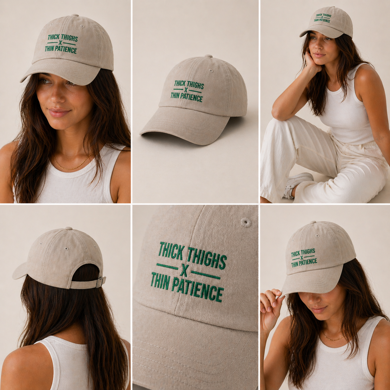Cotton adjustable dad hat with embroidered "Thick Thighs x Thin Patience" slogan in black and white, stylish and comfortable.