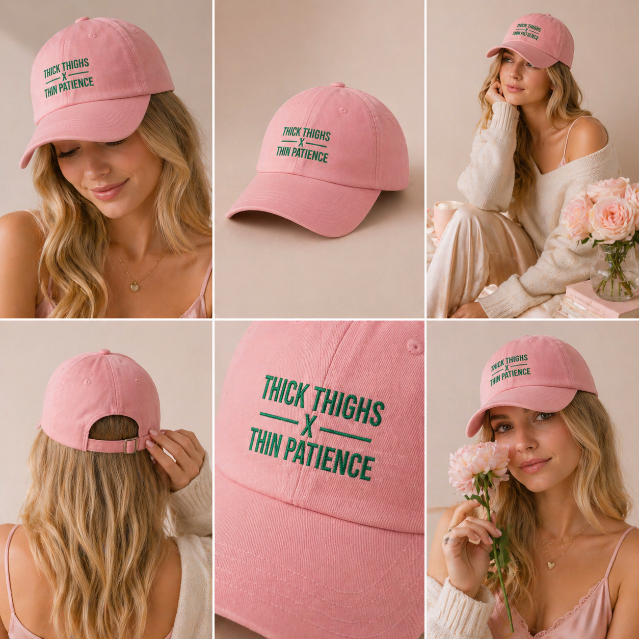Cotton adjustable dad cap with embroidered "Thick Thighs x Thin Patience" design, featuring a curved brim and structured crown.