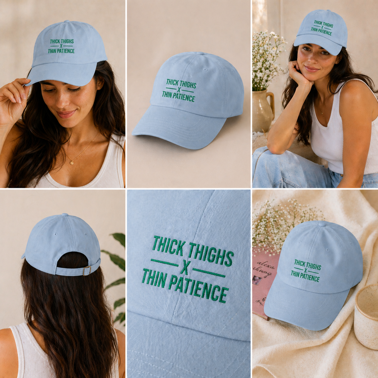 Cotton adjustable dad cap with embroidered "Thick Thighs x Thin Patience" text, featuring a structured six-panel design and curved brim.