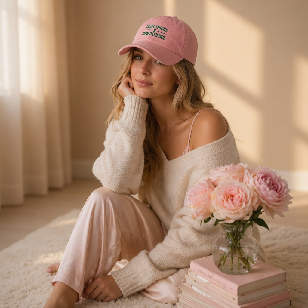Cotton adjustable dad cap with embroidered "Thick Thighs x Thin Patience" phrase in black on white, stylish unisex hat.