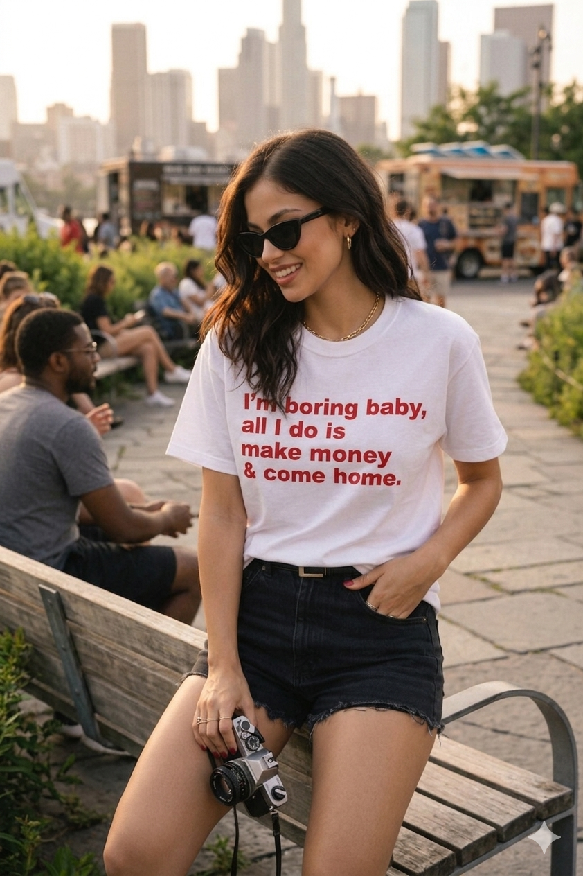 Unisex cotton T-shirt from Printify with humorous "I'm Boring Baby All I Do Is Make Money & Come Home" hustle quote print.