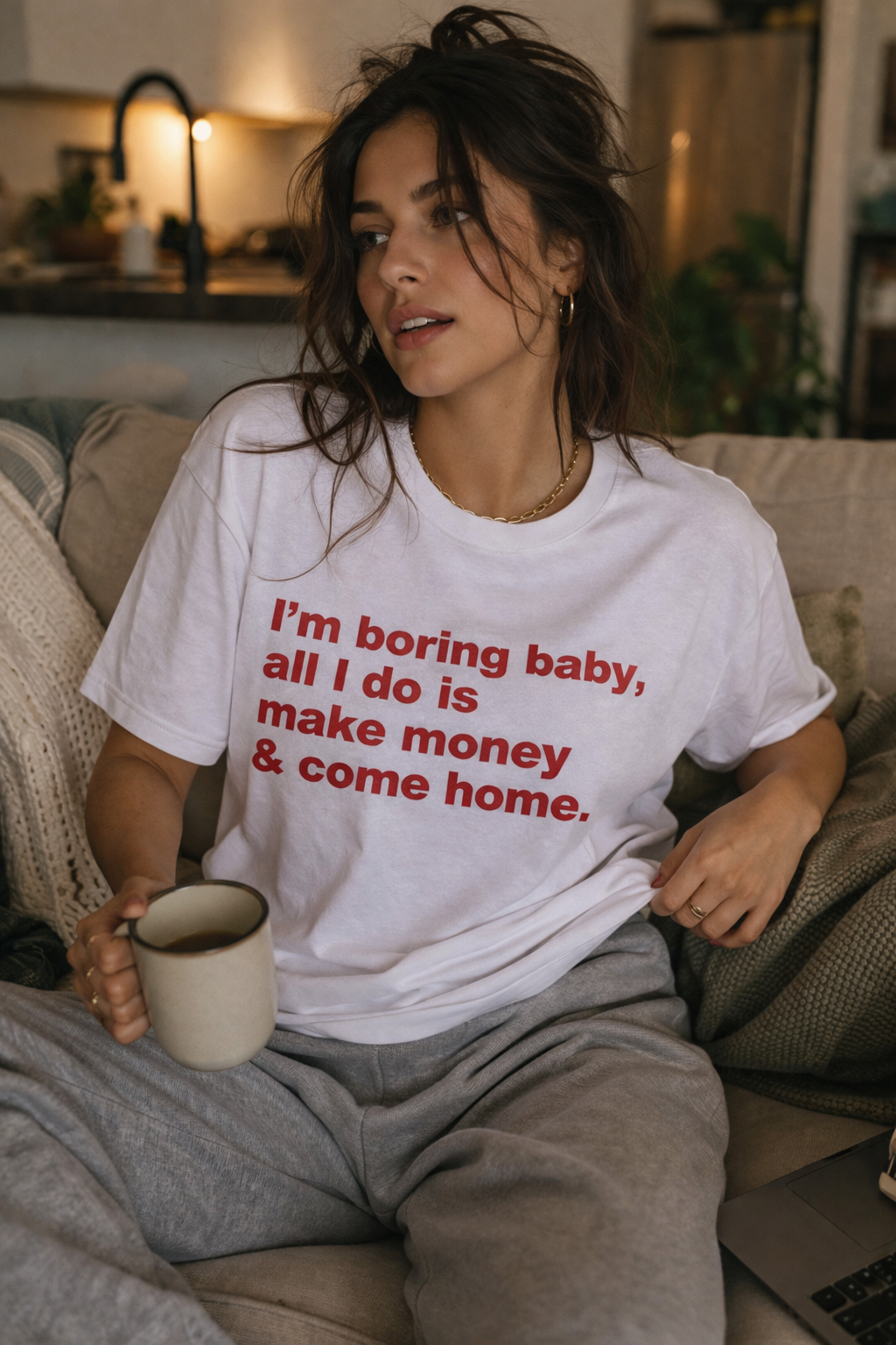 Unisex cotton T-shirt with humorous "I'm Boring Baby All I Do Is Make Money & Come Home" print, casual fashion by Printify.
