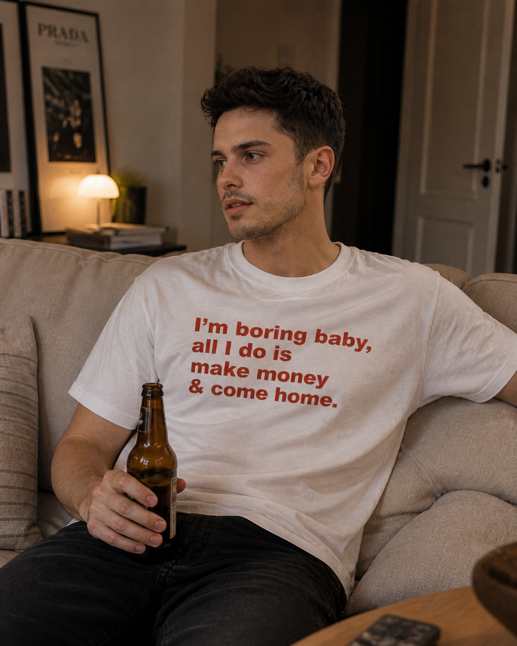 Unisex cotton T-shirt with humorous "I'm Boring Baby All I Do Is Make Money & Come Home" slogan, casual fit, Printify brand.