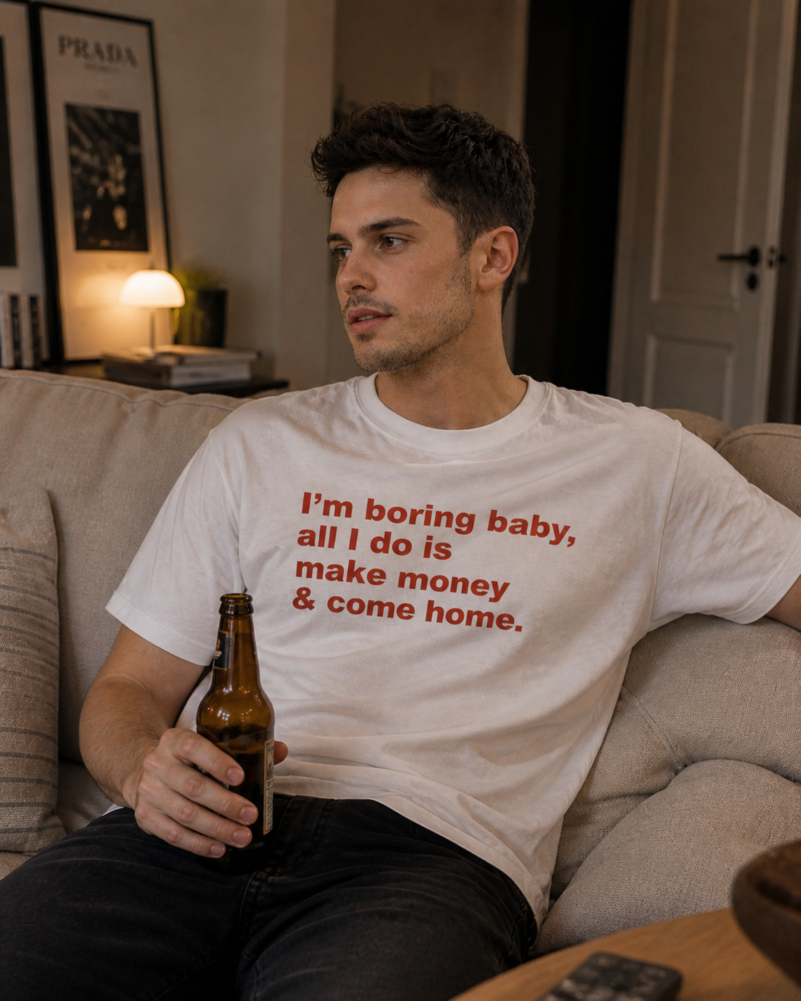 Unisex cotton T-shirt with humorous "I'm Boring Baby All I Do Is Make Money & Come Home" slogan, casual fit, Printify brand.