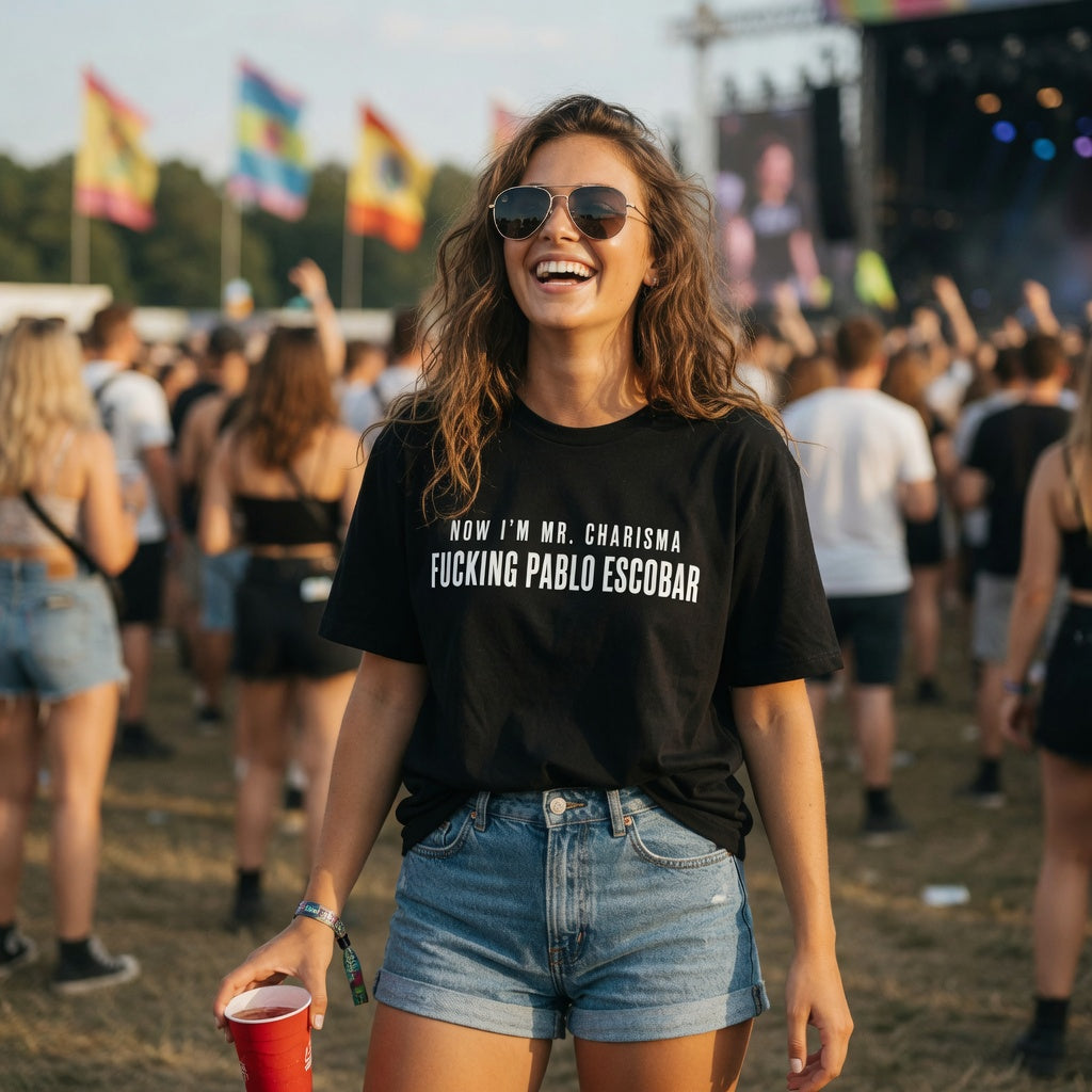 Premium cotton T-shirt featuring "Now I'm Mr. Charisma" and Dracula lyrics with bold print, by Printify.