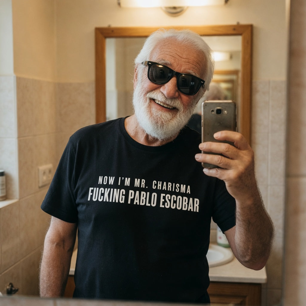 Cotton T-shirt featuring "Now I'm Mr. Charisma Fucking Pablo Escobar" print, branded by Printify, with bold graphic design.