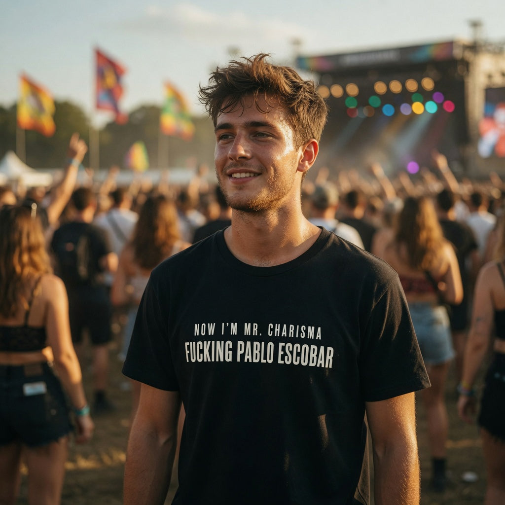 Premium cotton T-shirt featuring "Now I'm Mr. Charisma" and Dracula lyrics, with bold printed text and a casual fit.