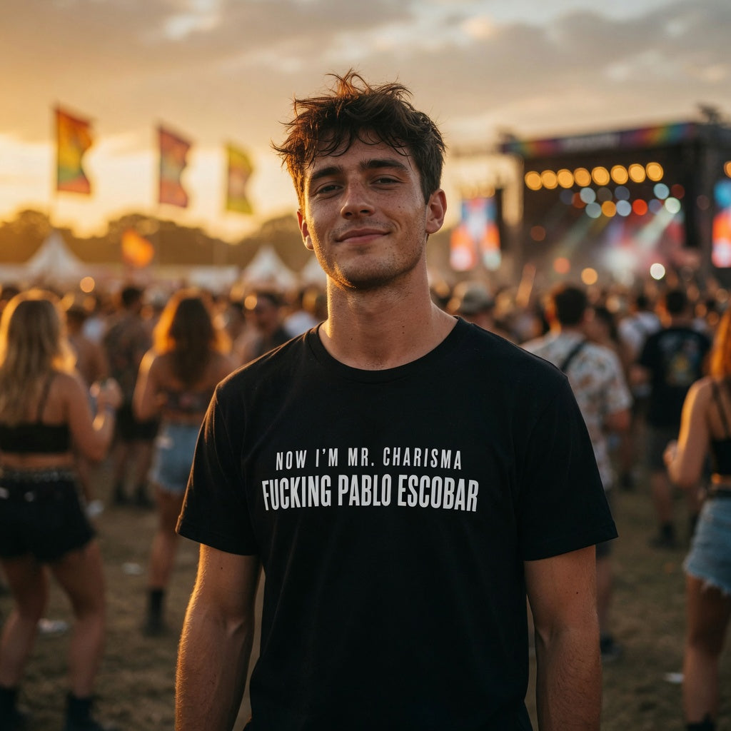 Premium cotton T-shirt featuring "Now I'm Mr. Charisma" and Dracula lyrics, with bold print design by Printify.