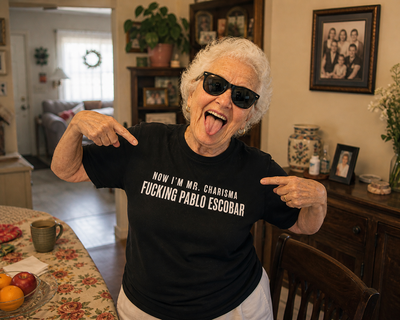 Premium "Now I'm Mr. Charisma Fucking Pablo Escobar" cotton T-shirt with Dracula lyrics, featuring bold printed text on a stylish tee.