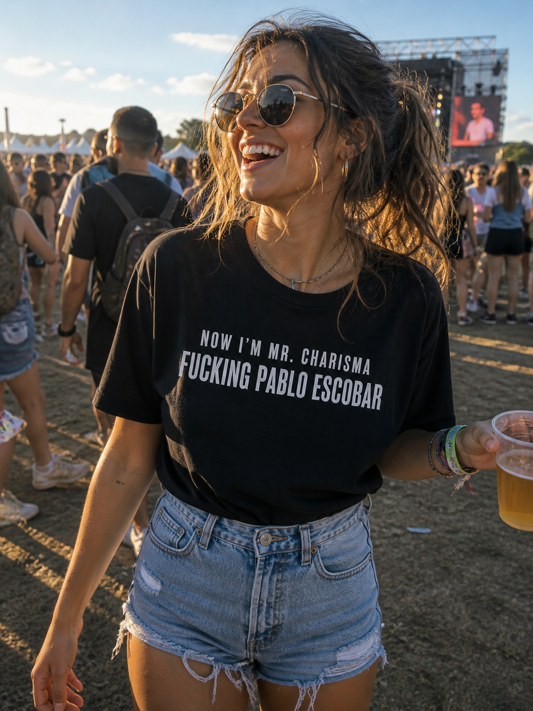 Premium cotton T-shirt featuring bold "Now I'm Mr. Charisma" and Dracula lyrics, with graphic design inspired by Pablo Escobar, by Printify.
