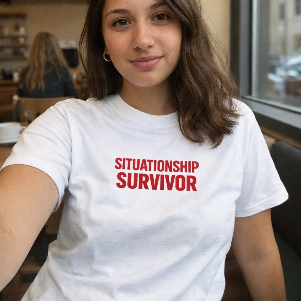 Funny Situationship Survivor T-shirt for women, featuring ironic text about single life and breakups, perfect as a relationship gift.