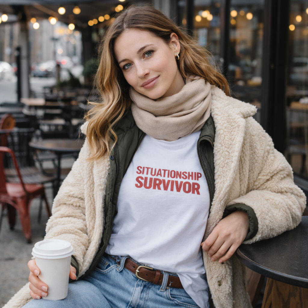 Funny Situationship Survivor T-shirt for women, featuring ironic breakup and single life humor, by Printify.