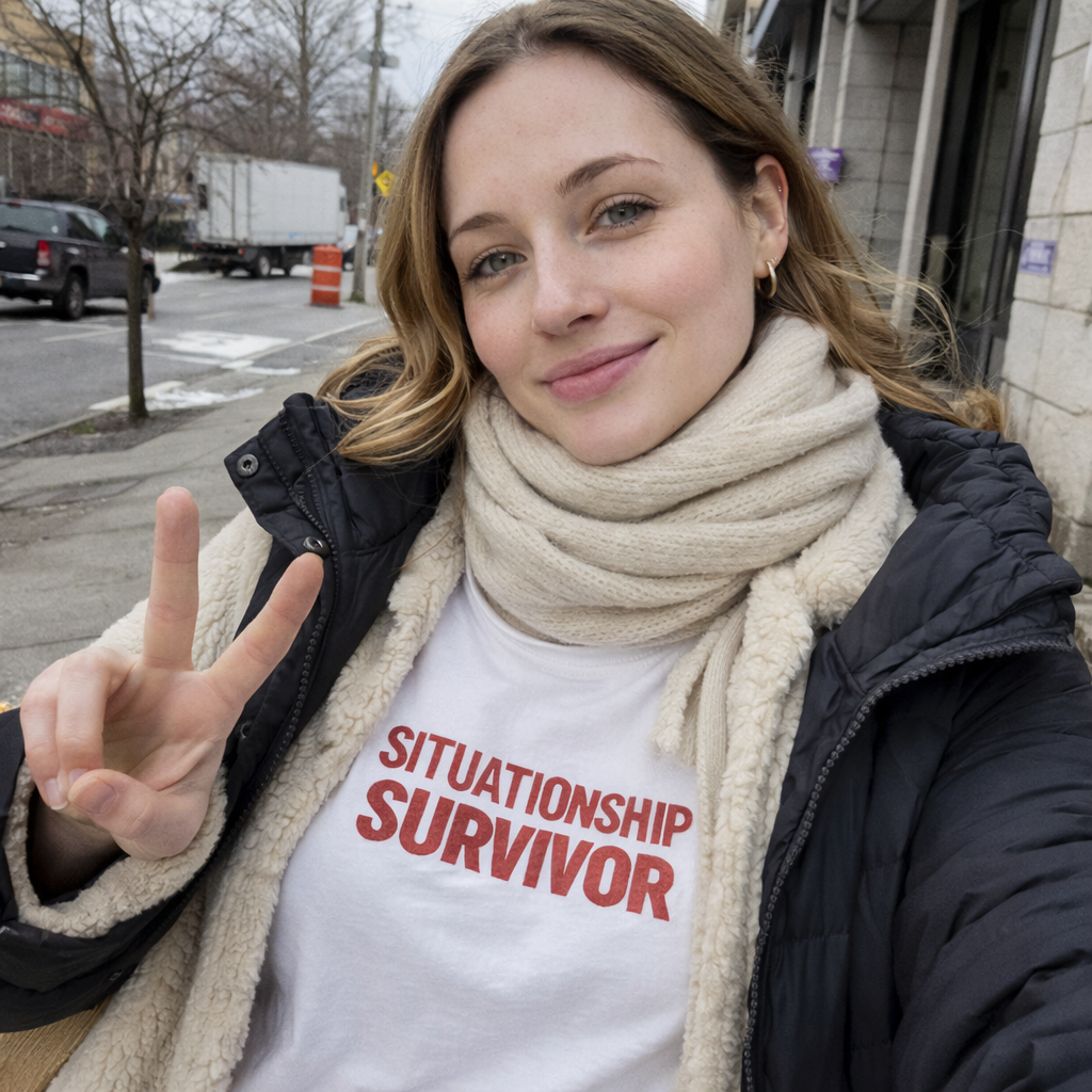 Funny Situationship Survivor T-shirt for women featuring bold text, ideal for breakup or single life humor, by Printify