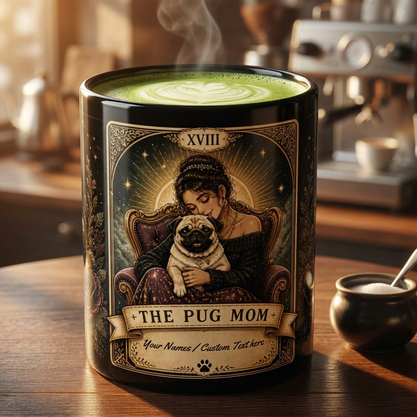Personalized 'The Pug Mom' vintage tarot-style black coffee mug with custom text and pug illustration, made by Printify.