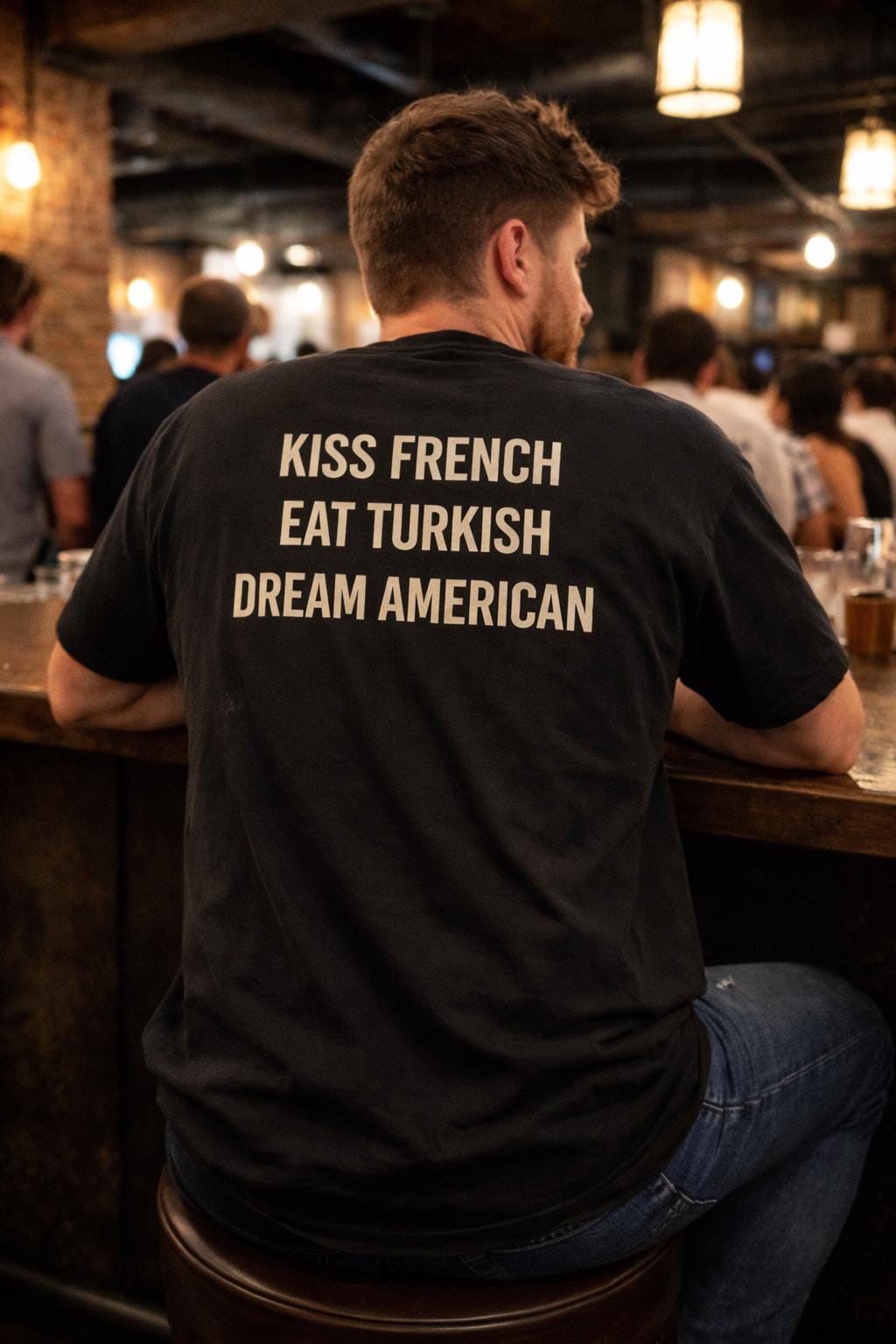 Unisex cotton T-shirt with "Kiss French, Eat Turkish, Dream American" print, featuring international couple design.