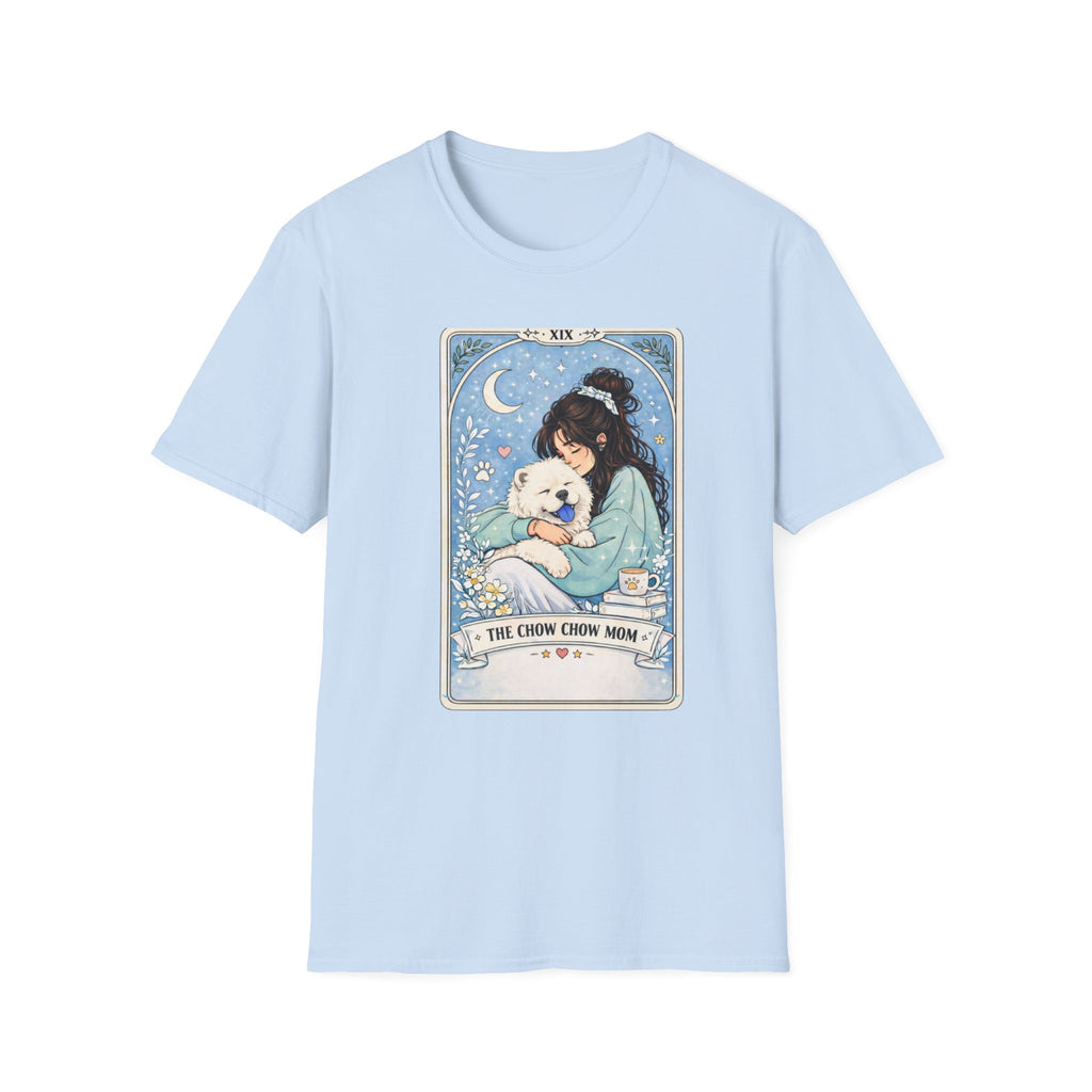 Personalized Chow Chow Mom tarot card t-shirt featuring custom dog mom name and a graphic of a Chow Chow dog.
