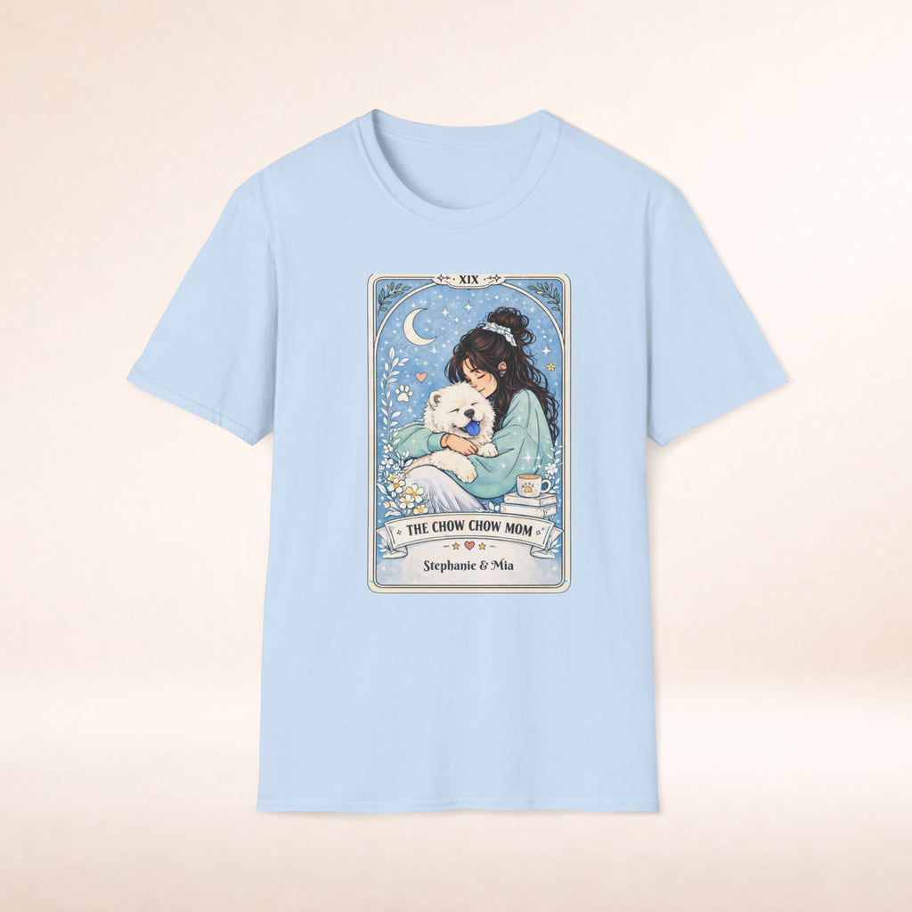 Personalized Chow Chow Mom tarot card T-shirt featuring custom dog mom name and dog lover design by Printify.