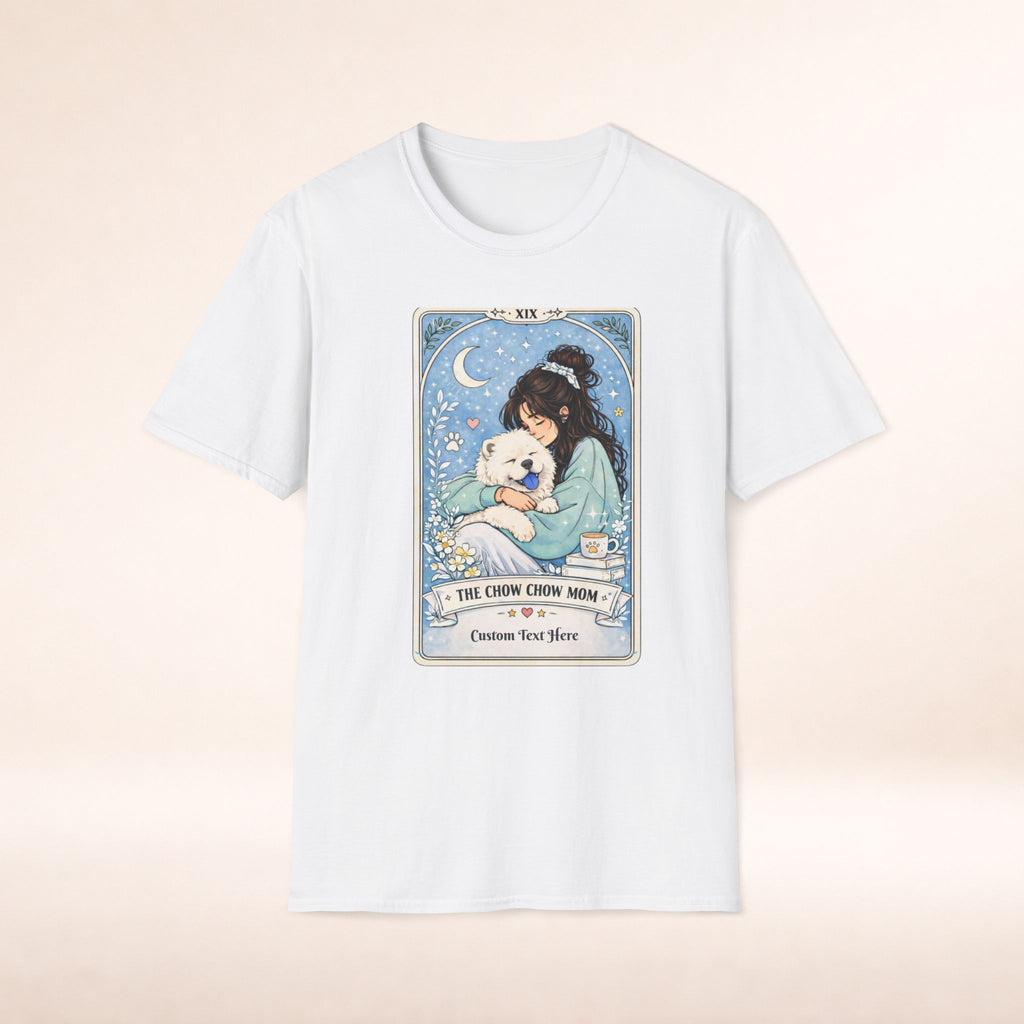 Personalized 'Chow Chow Mom' tarot card t-shirt featuring custom dog mom name and a graphic of a Chow Chow dog.