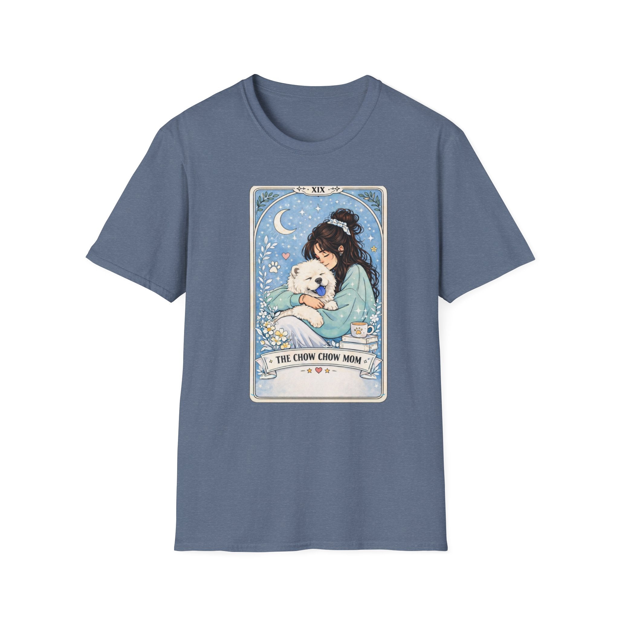 Personalized Chow Chow Mom tarot card T-shirt with custom name for dog lovers, featuring a colorful Chow Chow illustration.