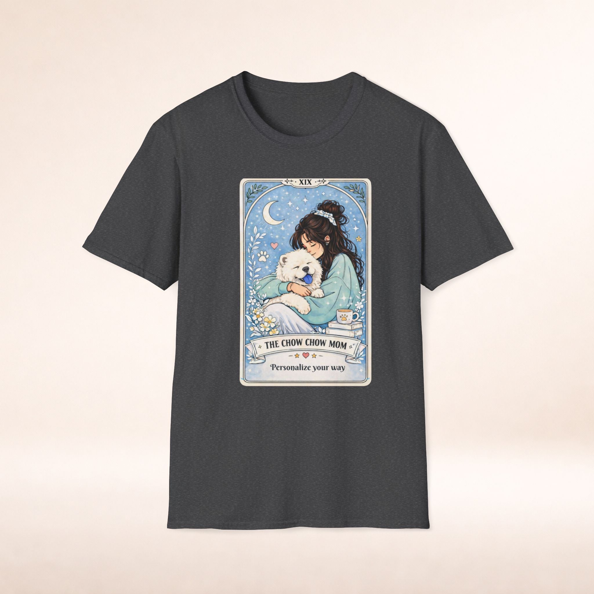 Personalized Chow Chow Mom tarot card t-shirt featuring custom dog mom name and dog lover design on a comfortable graphic tee.