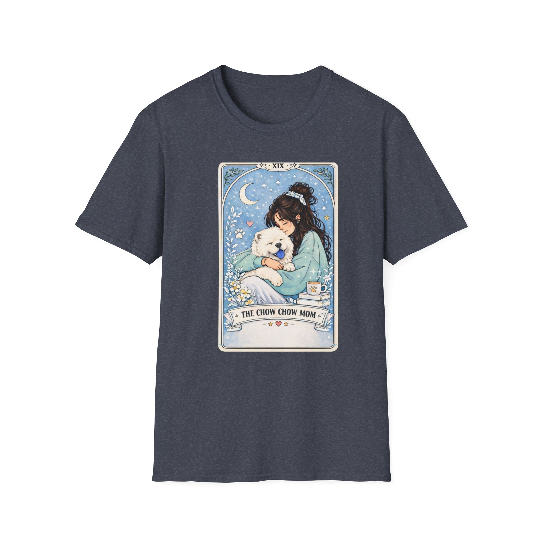 Personalized Chow Chow Mom tarot card t-shirt featuring custom name and dog lover design, ideal for Chow Chow enthusiasts.
