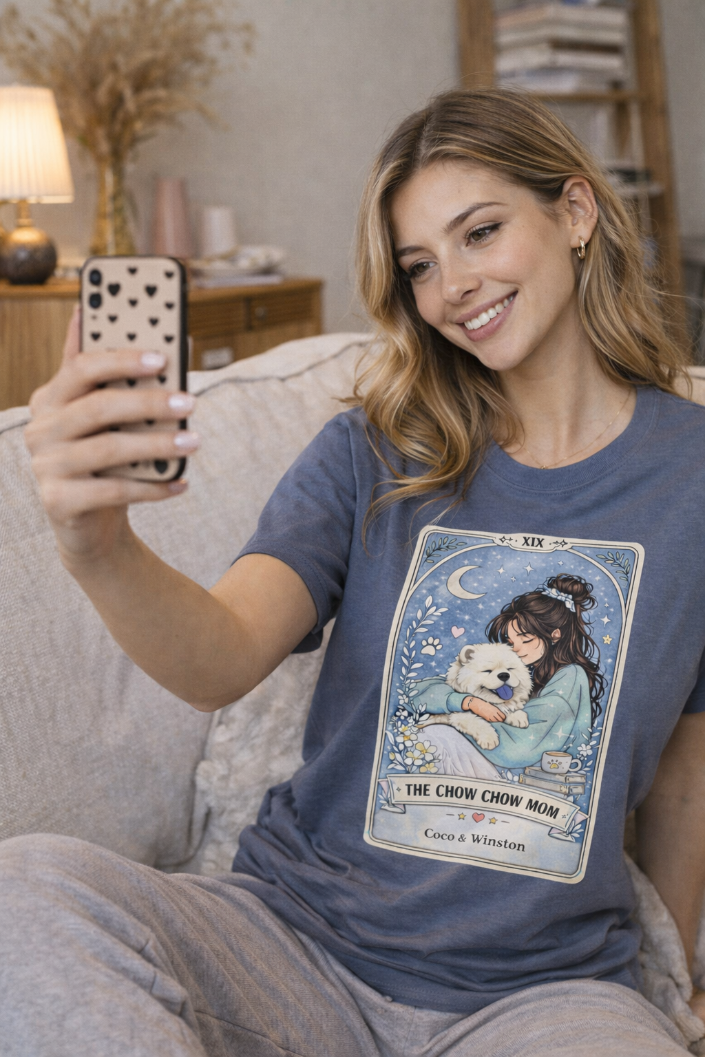 Personalized Chow Chow Mom tarot card T-shirt with custom dog mom name and Chow Chow illustration, casual wear for dog lovers.