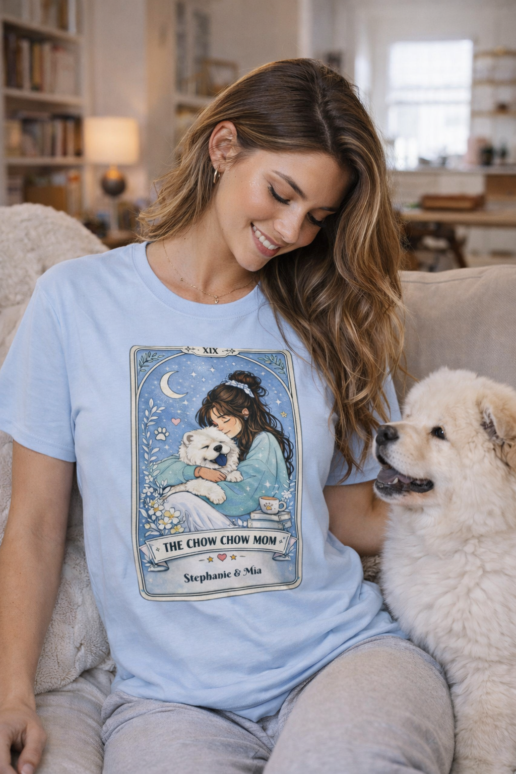 Personalized Chow Chow Mom tarot card T-shirt with custom name, featuring a dog lover print and a Chow Chow graphic.