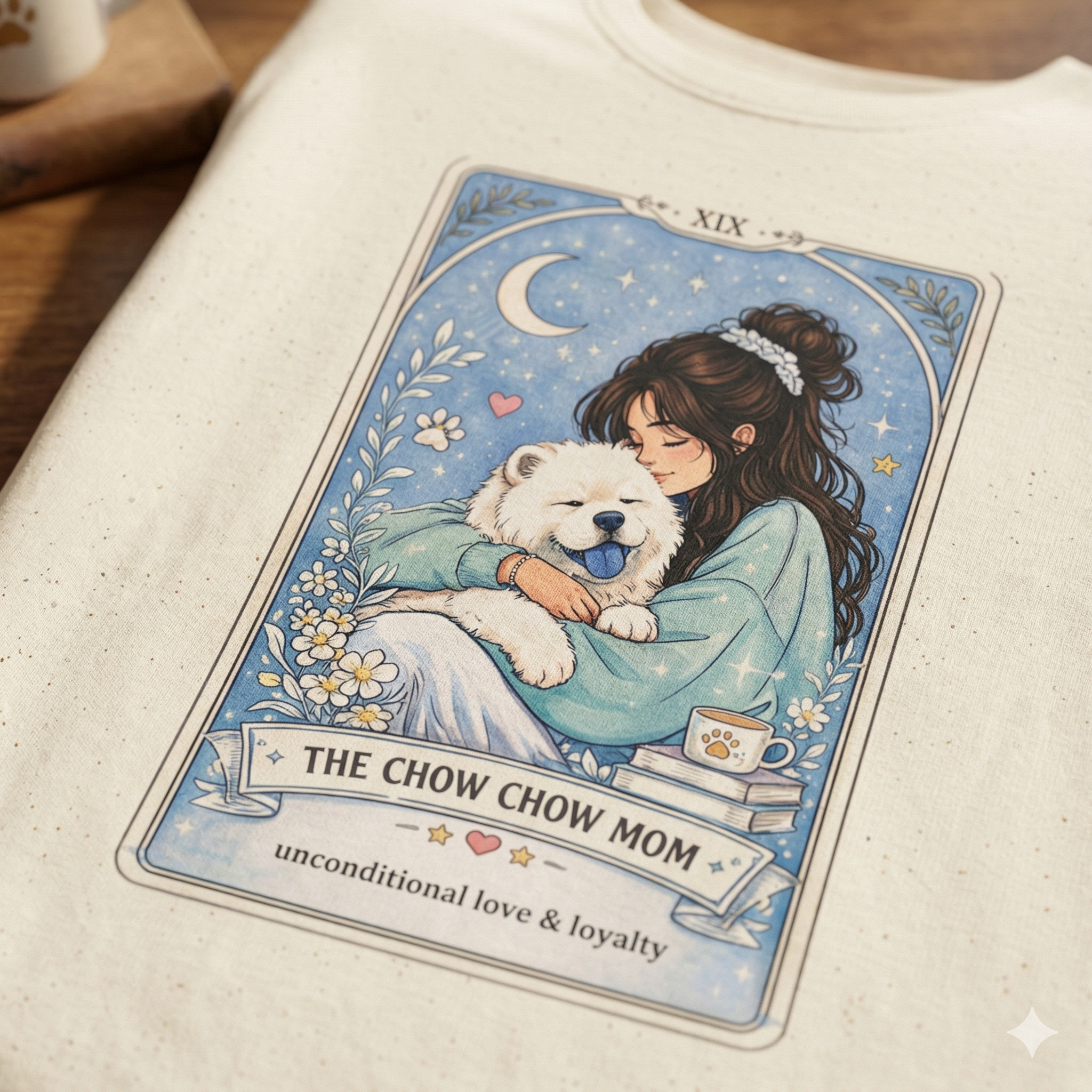 Personalized Chow Chow Mom tarot card t-shirt with custom dog mom name, featuring a graphic of a Chow Chow dog on a white t-shirt.