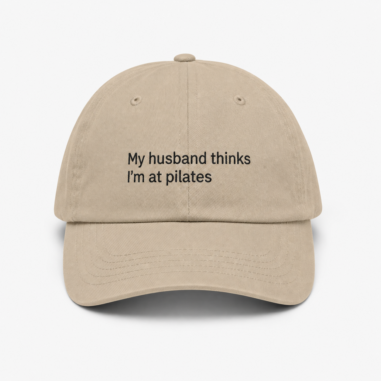 Premium embroidered "My Husband Thinks I'm At Pilates" funny low-profile baseball cap by Printify, featuring bold embroidered text.