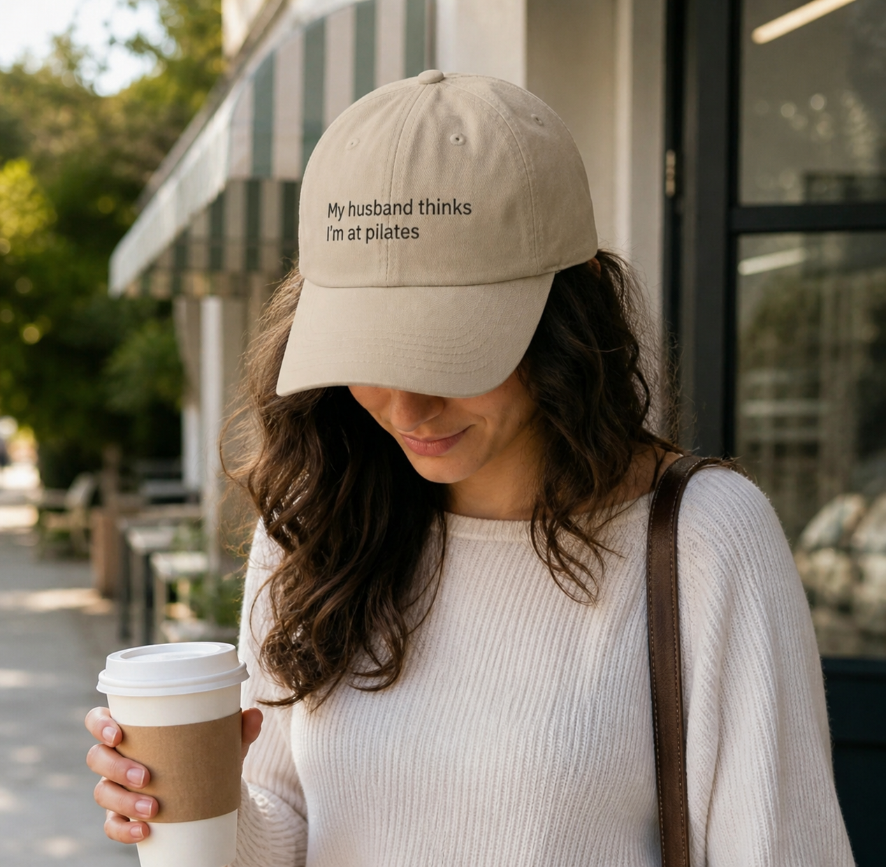 Premium embroidered "My Husband Thinks I'm At Pilates" funny low profile baseball cap by Printify, featuring a stylish embroidered design.