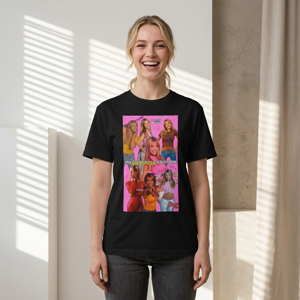 Cotton Y2K Britney Spears "My Loneliness Is Killing Me" government meme T-shirt, featuring printed graphic and casual fit.