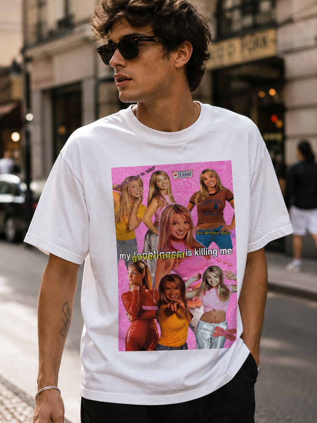 Cotton Y2K Britney Spears "My Loneliness Is Killing Me" government meme T-shirt by Printify, featuring retro print and casual fit.