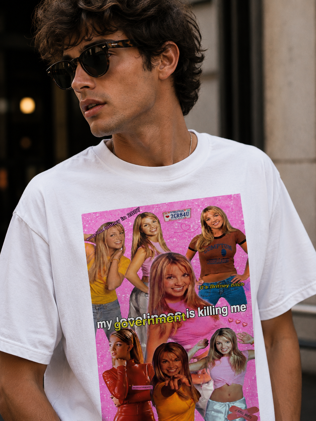 Cotton Y2K Britney Spears "My Loneliness Is Killing Me" government meme T-shirt with graphic print, casual style, Printify brand.