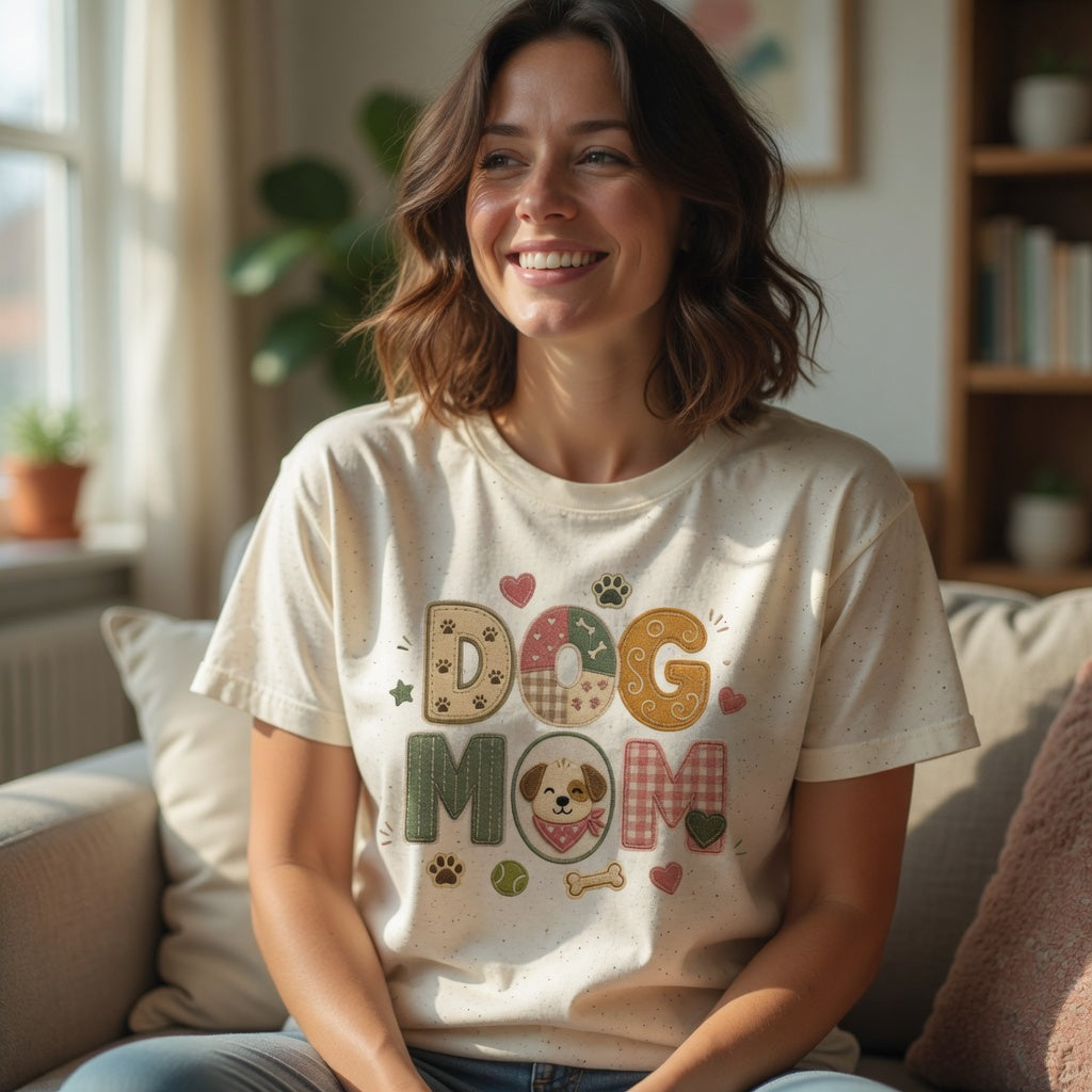 Colorful dog lover t-shirt featuring patchwork style dog mom design, women's casual tee by Printify.
