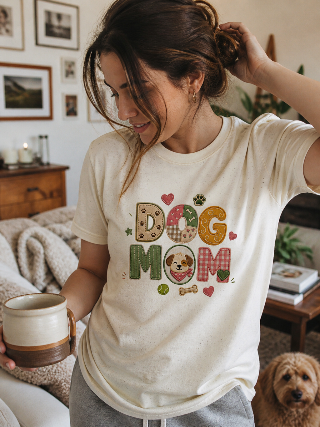 Colorful dog lover T-shirt with patchwork style design for women, featuring a dog mom theme, by Printify.