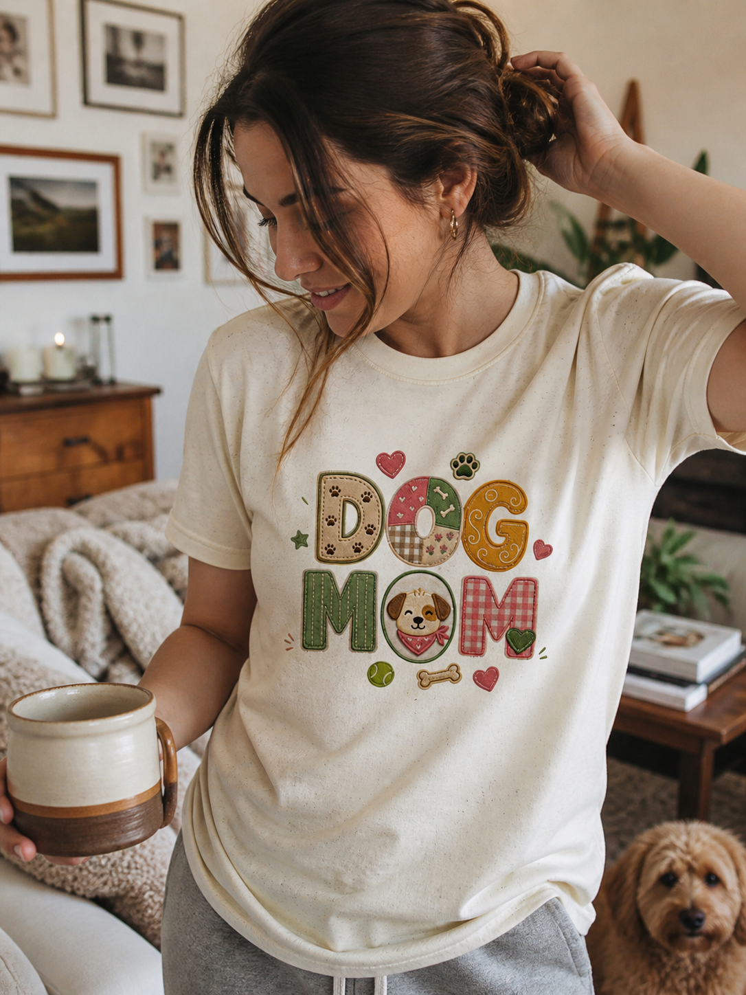 Colorful dog lover T-shirt with patchwork style design for women, featuring a dog mom theme, by Printify.