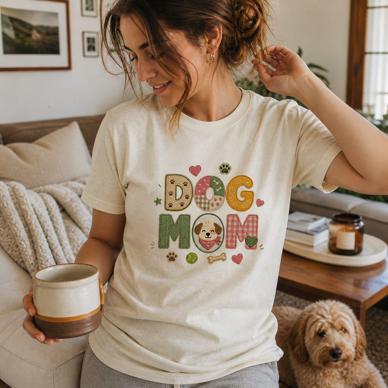 Colorful Dog Mom patchwork style T-shirt for women, featuring dog lover design on a casual printify branded tee.