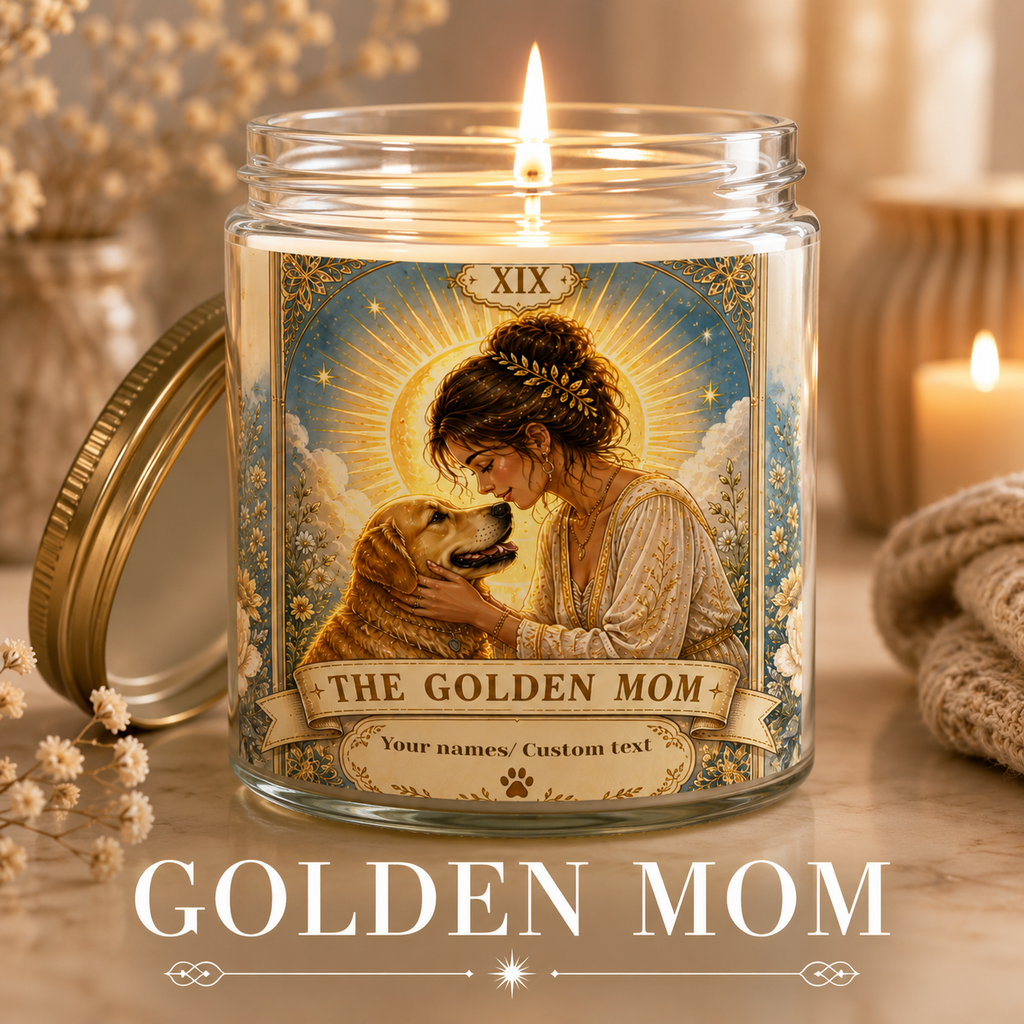 Tarot 'The Golden Mom' scented candle by Printify in coconut apricot scent, 4oz or 9oz, with decorative tarot-themed design.