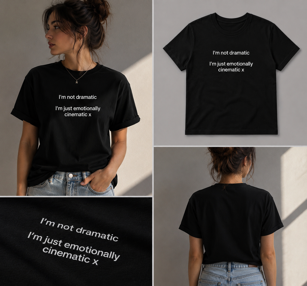 Black T-shirt with "I'm Not Dramatic, I'm Just Emotionally Cinematic" graphic print, casual fit, by Printify.