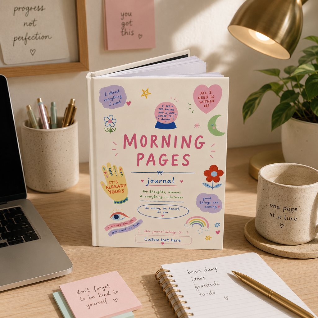 Personalized Delusional but Hopeful Morning Pages hardcover journal by Printify, featuring a cute manifestation notebook with inspiring cover design.