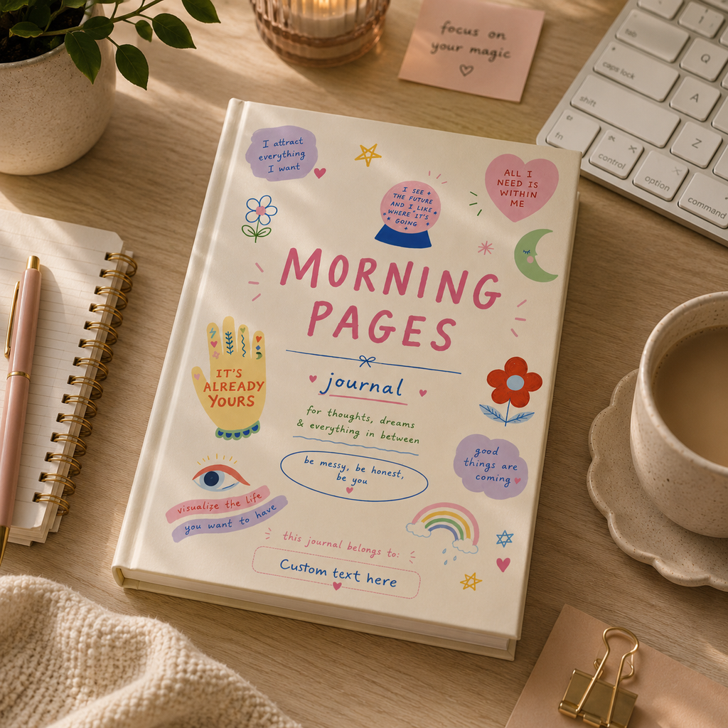 Personalized Delusional but Hopeful Morning Pages hardcover journal by Printify, featuring a cute manifestation notebook with inspiring cover design.
