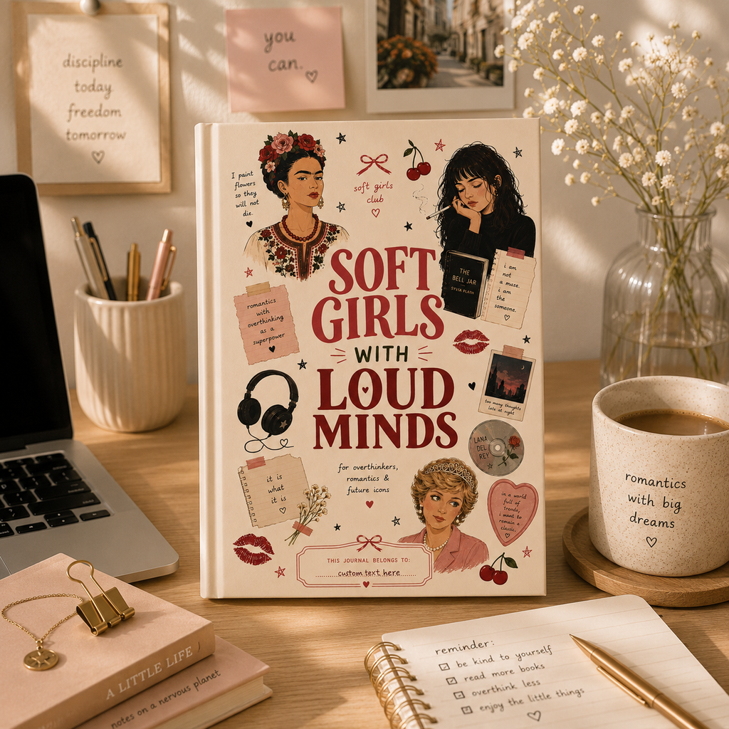 Personalized soft girls journal inspired by Frida Kahlo, Sylvia Plath, and Princess Diana, featuring artistic paper design.